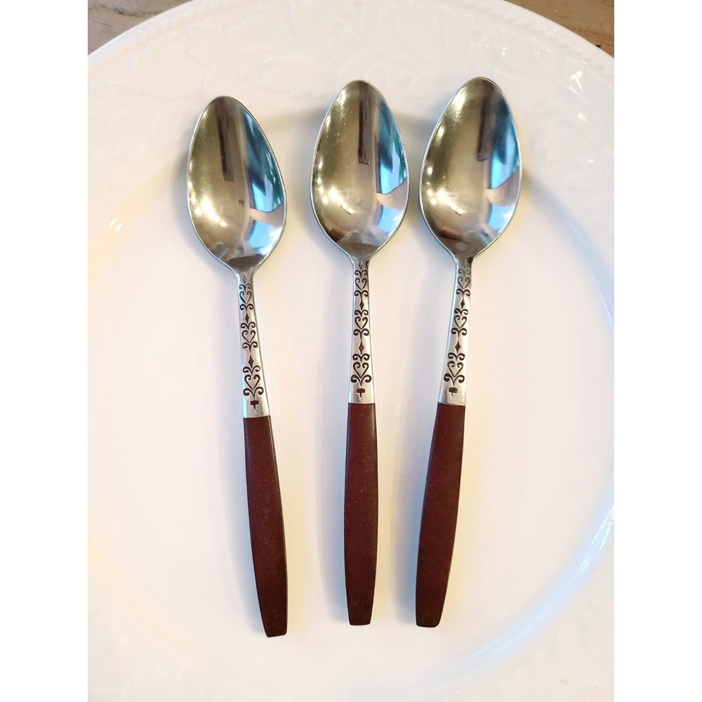 Interpur INR2 Set of 3 Brown Handle Spoons 6" Stainless Japan Flatware MCM Heart